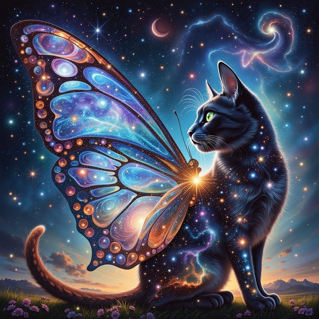 Cosmic Cat with Iridescent Wings in Surrealist Style
