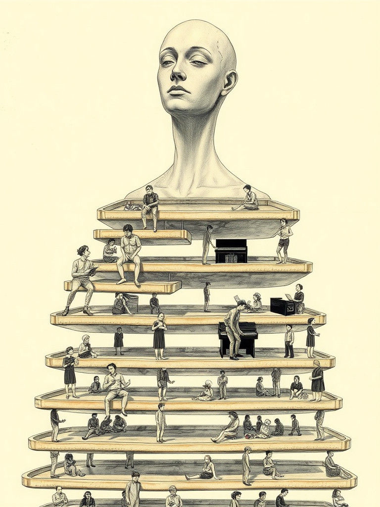 Surreal Staircase of Fragmented Figures, Dreamlike Illustrat...