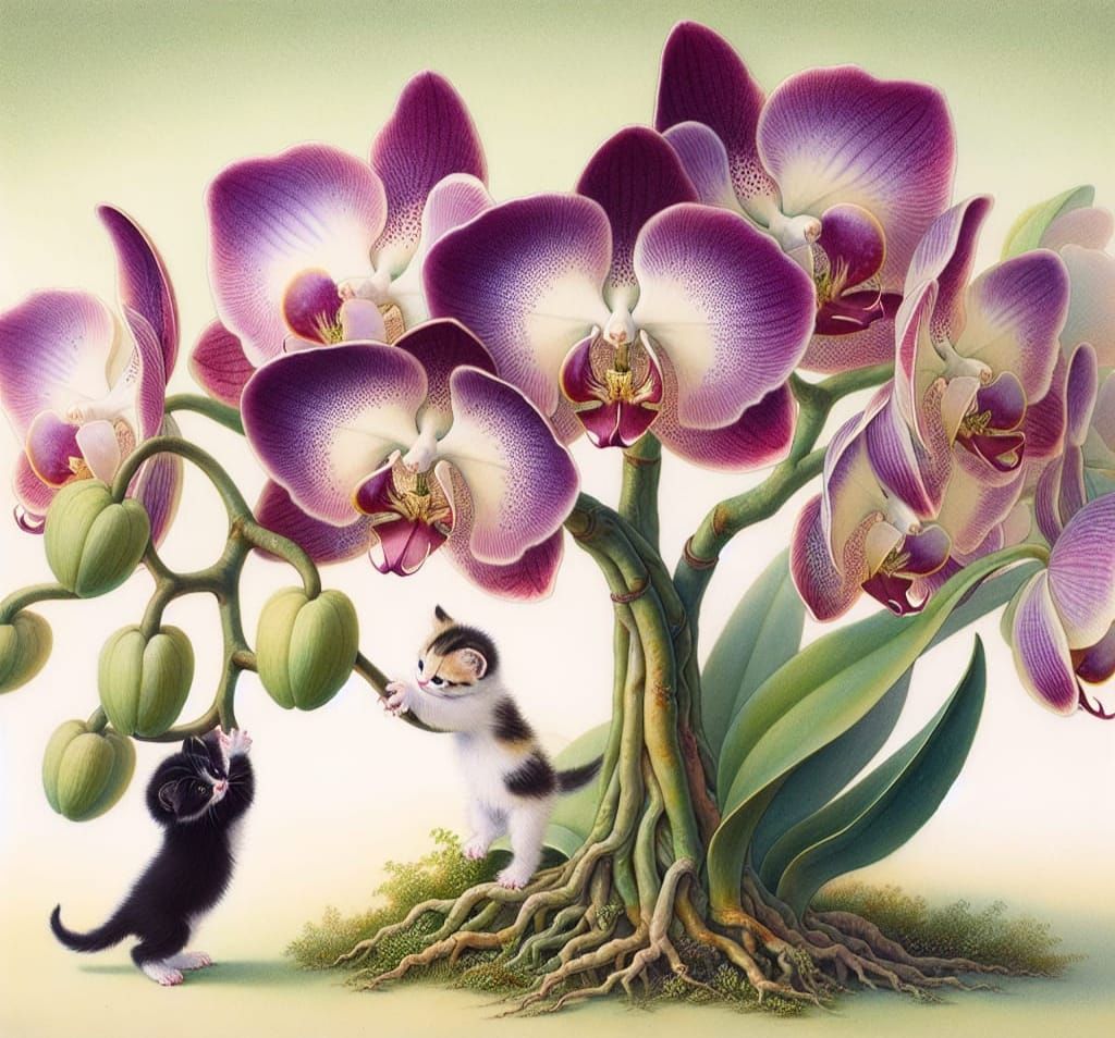 Kittens Play on Giant Orchid in Watercolor Style