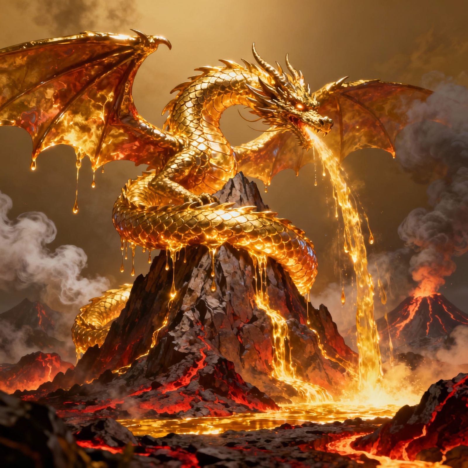 Molten Gold Dragon Coils Around Mountain Peak
