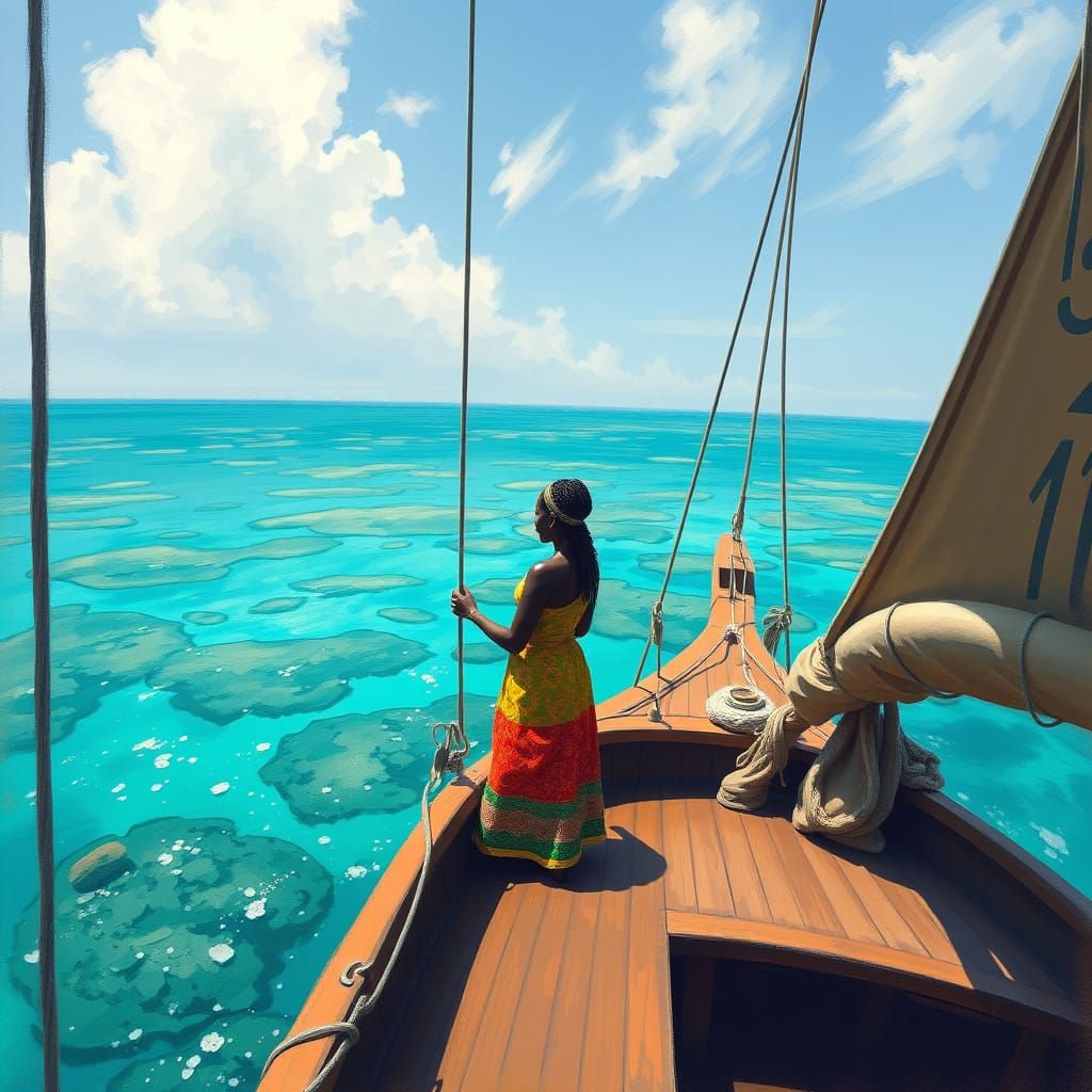 Swahili Woman Sailing to Zanzibar, in Impressionist Style