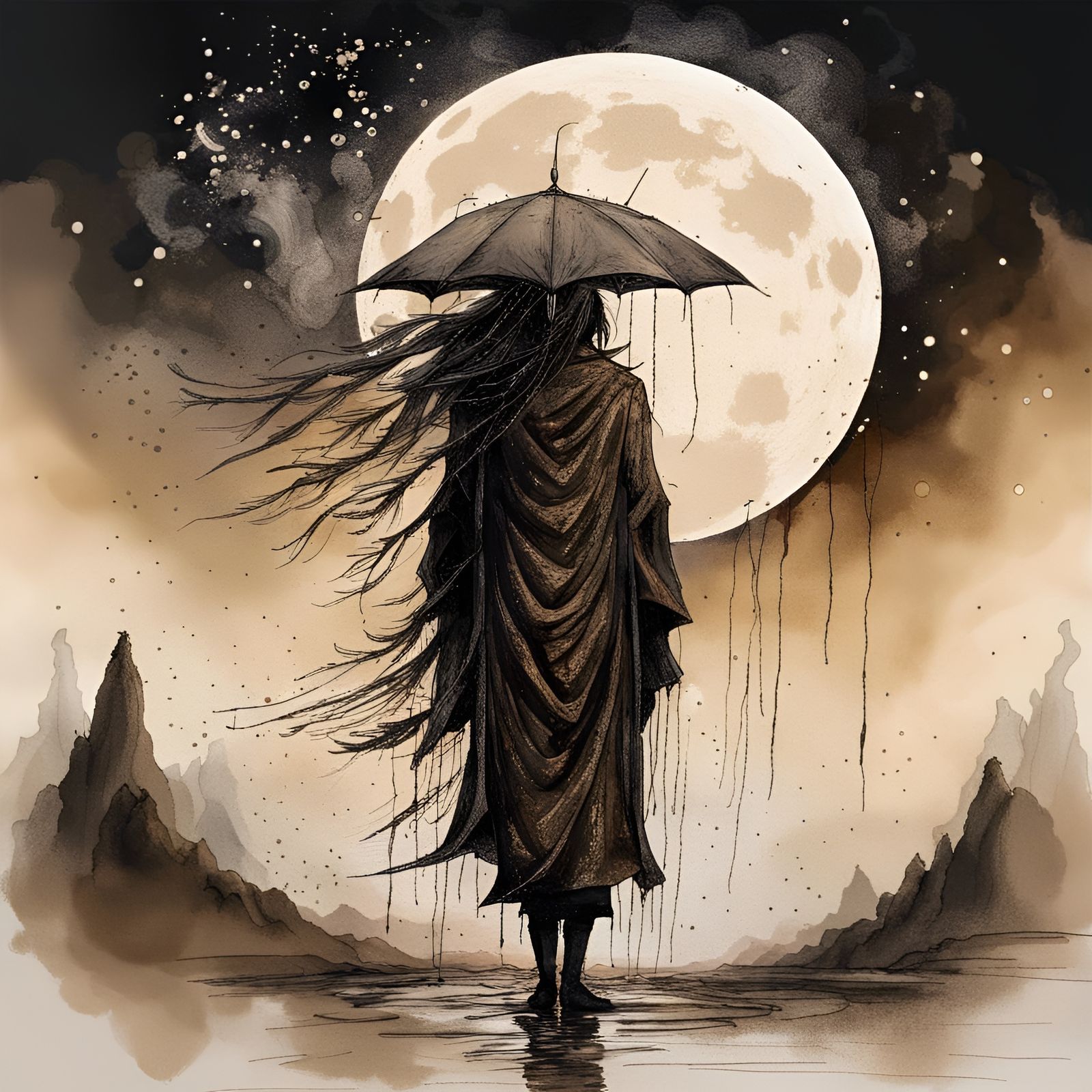 Moonlit Mountains: A Coffee-Painted Fantasy Landscape