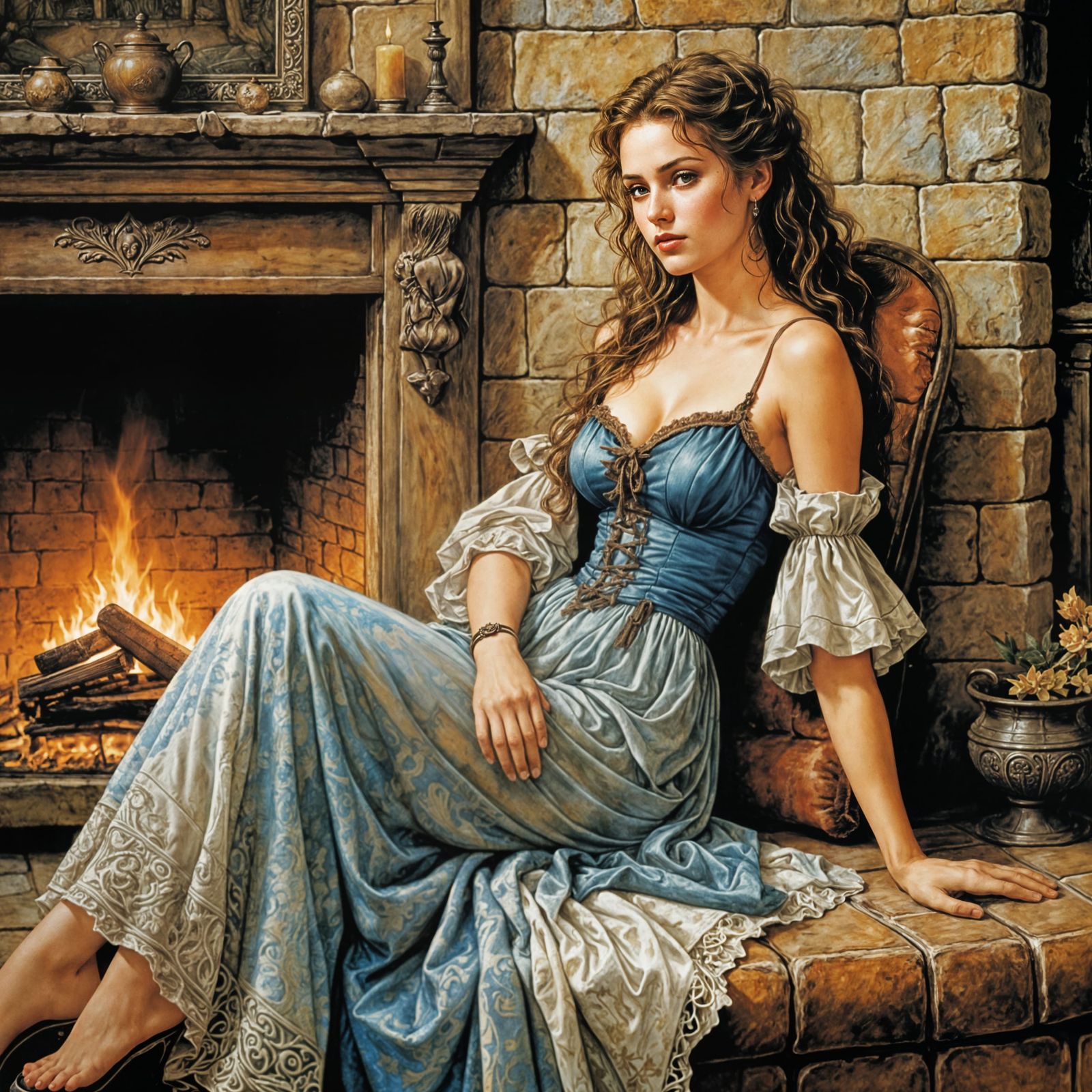 Cozy Wench Lounging by Fireplace in Pastel Art