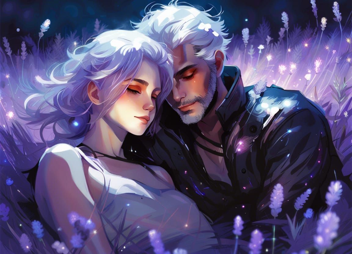 Romantic Couple in Bioluminescent Lavender Field