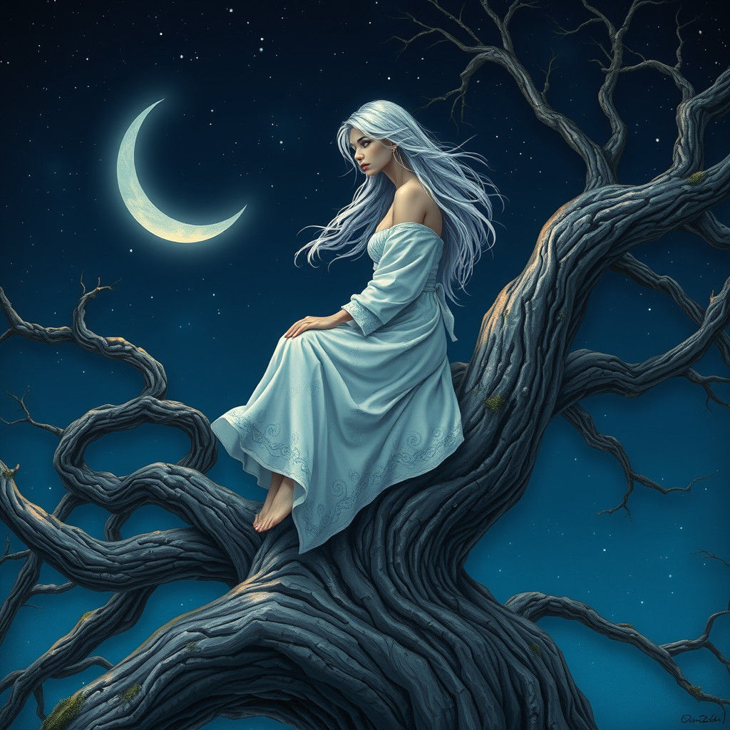 Woman in Tree Under Indigo Starry Sky