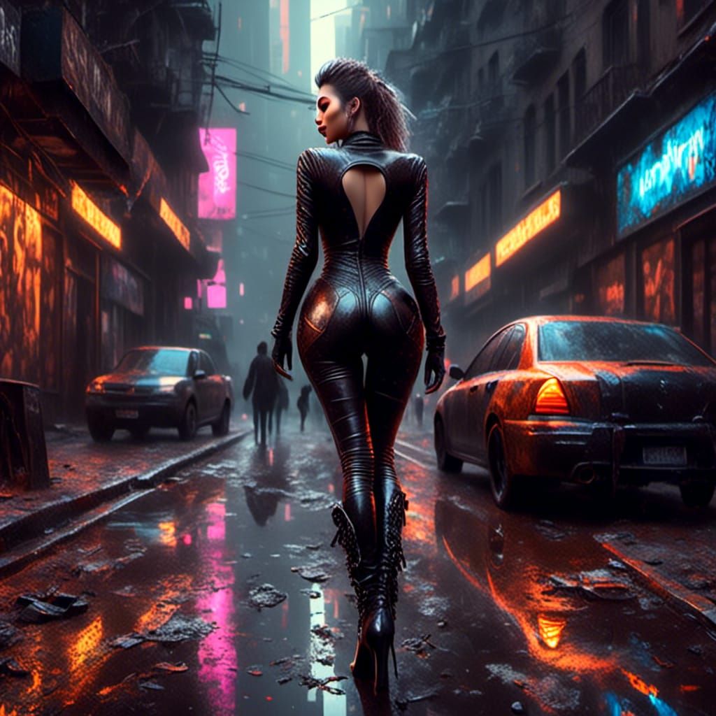 Curvy Woman in Leather Bodysuit in Cyberpunk City