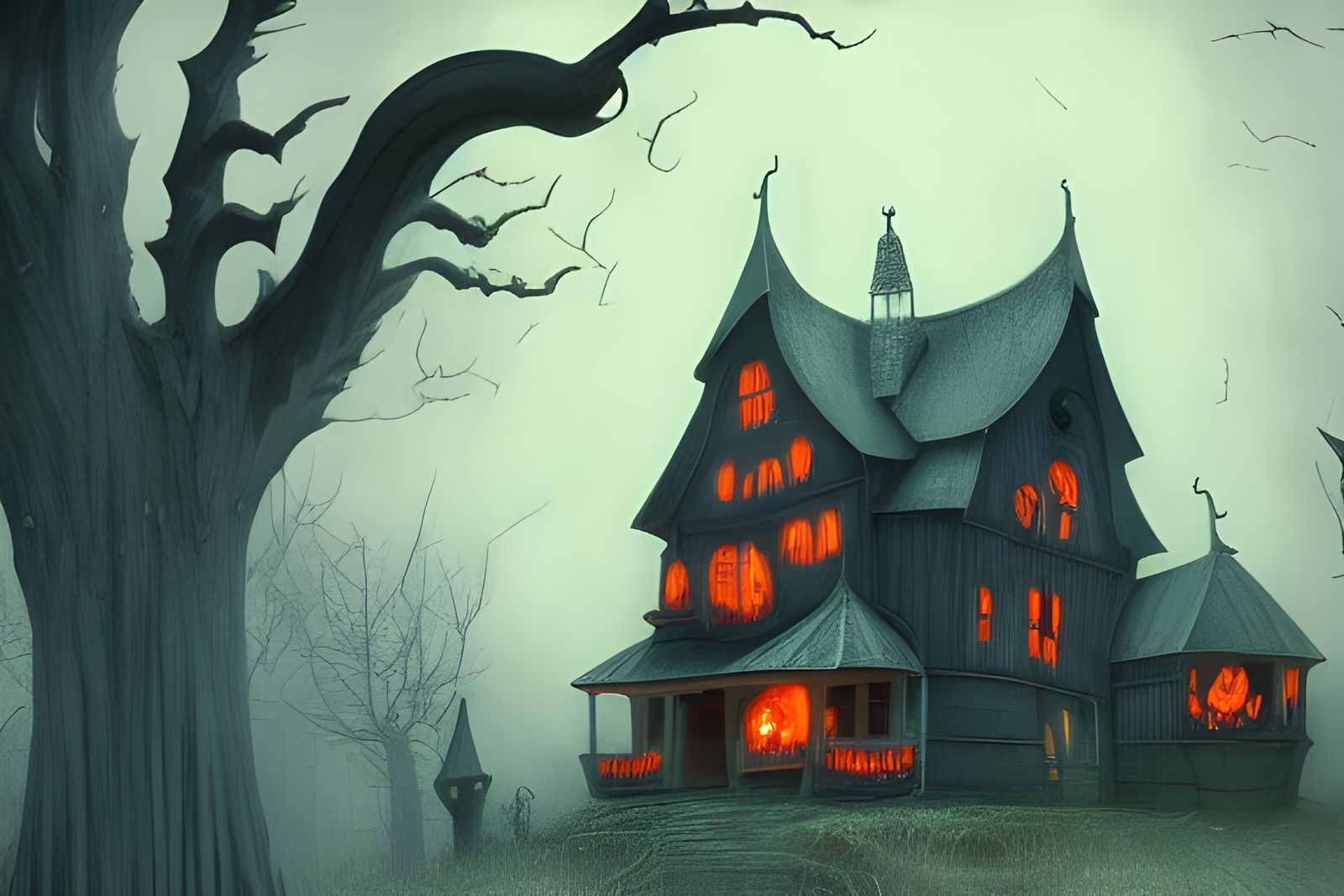 Halloween Witch House Art in Horror Style