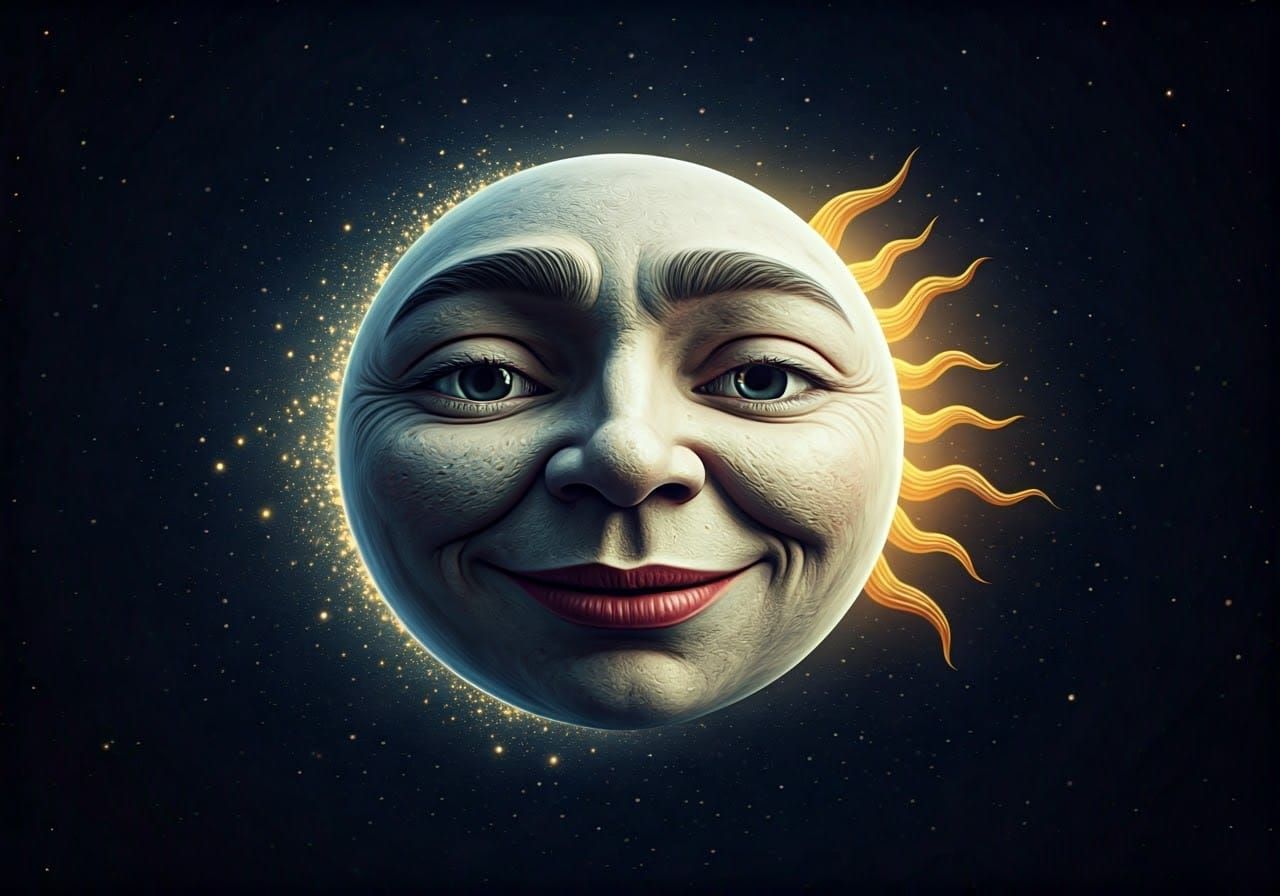 Smiling Moon Reaching for Sun in Vintage Style