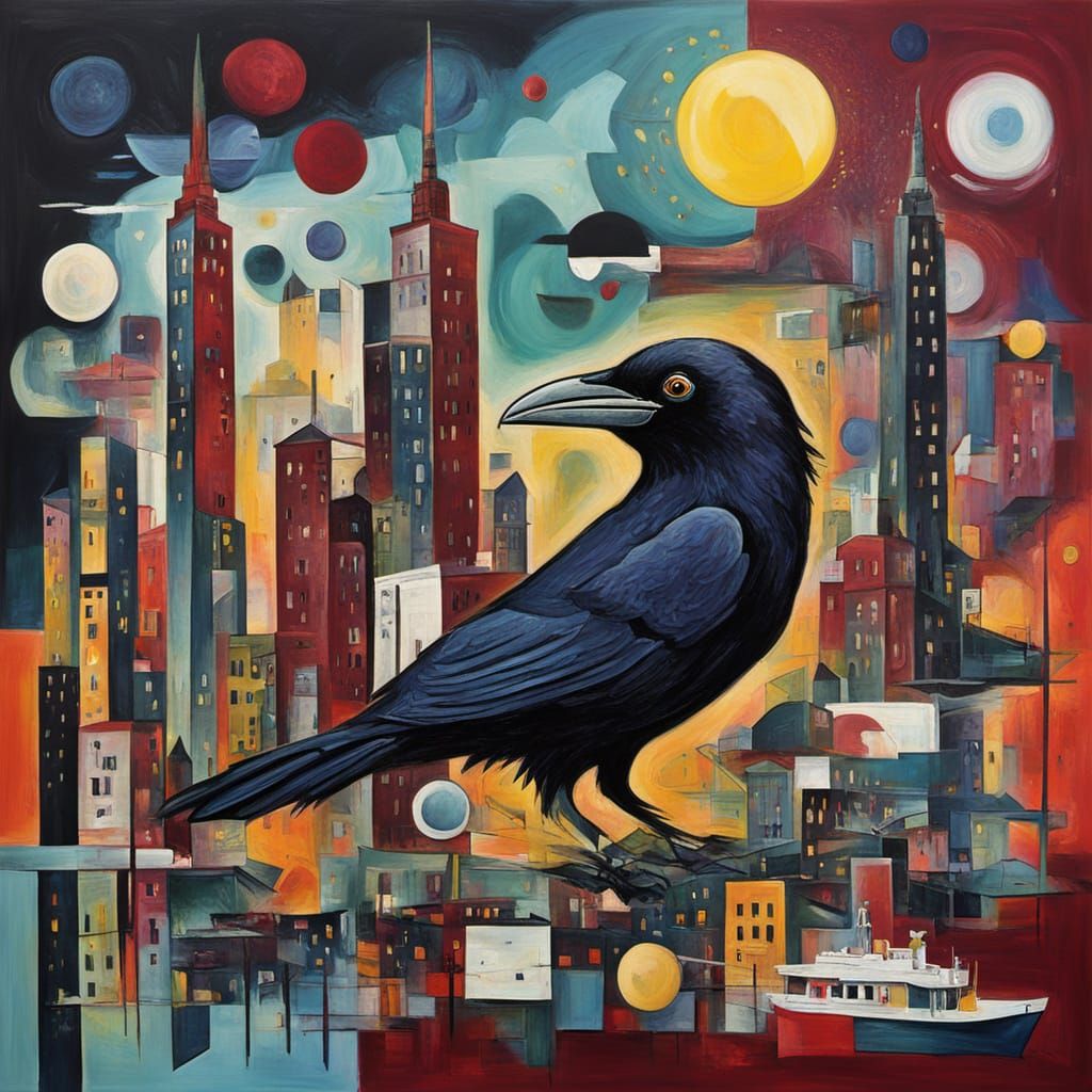 Surreal Abstract Painting of Manhattan with Cosmic Elements