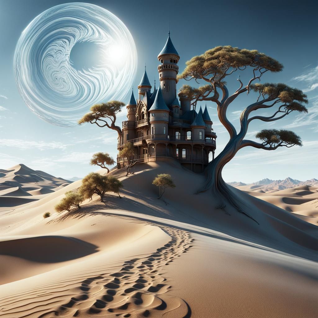 Surreal Desert Castle with Alien Flora: Photorealistic Rende...