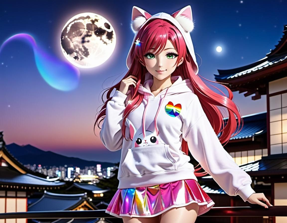 Anime Style Woman in Cat Ear Hoodie Under Moonlight