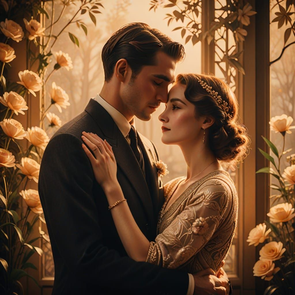 Couple in Romantic Embrace in Art Deco Style