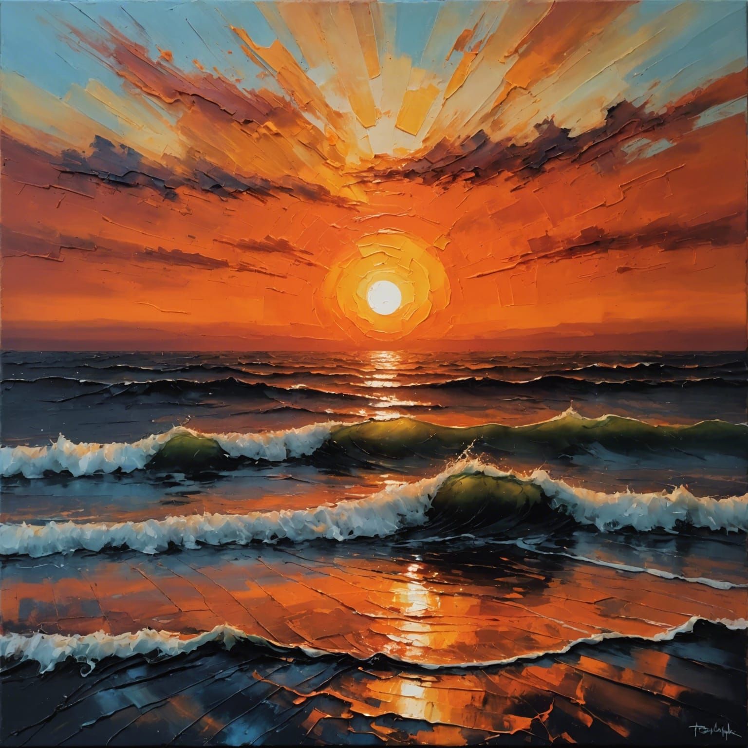 Orange Sunset Encaustic Impasto Painting