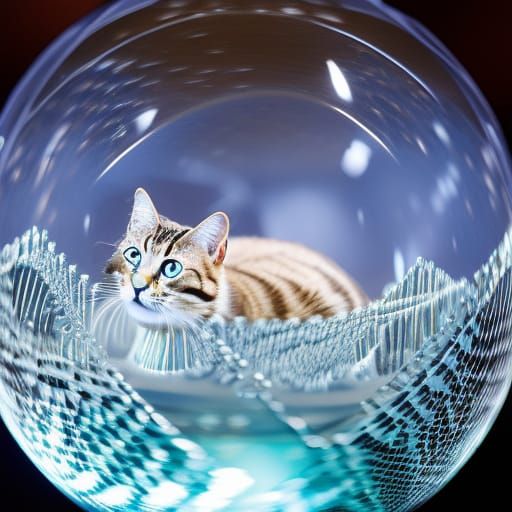 Cat in Crystal Sphere: Dark Fantasy Digital Art