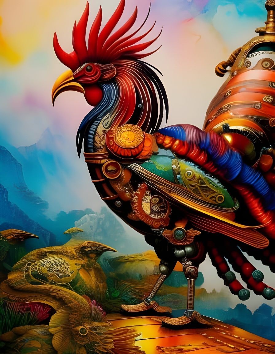 Steampunk Mechanical Rooster in Japanese Art Style