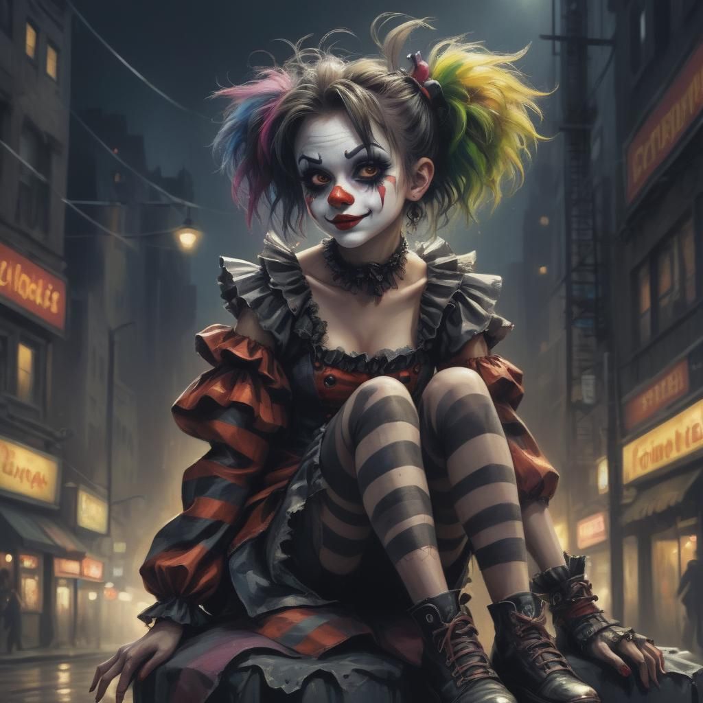 Edgy Clown Girl in Dark City Oil Painting