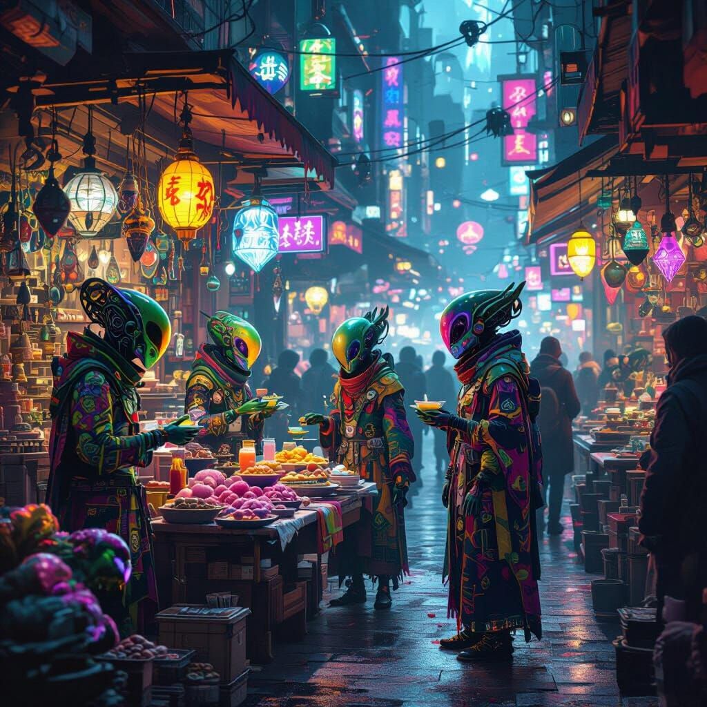 Bustling Alien Market Street Scene