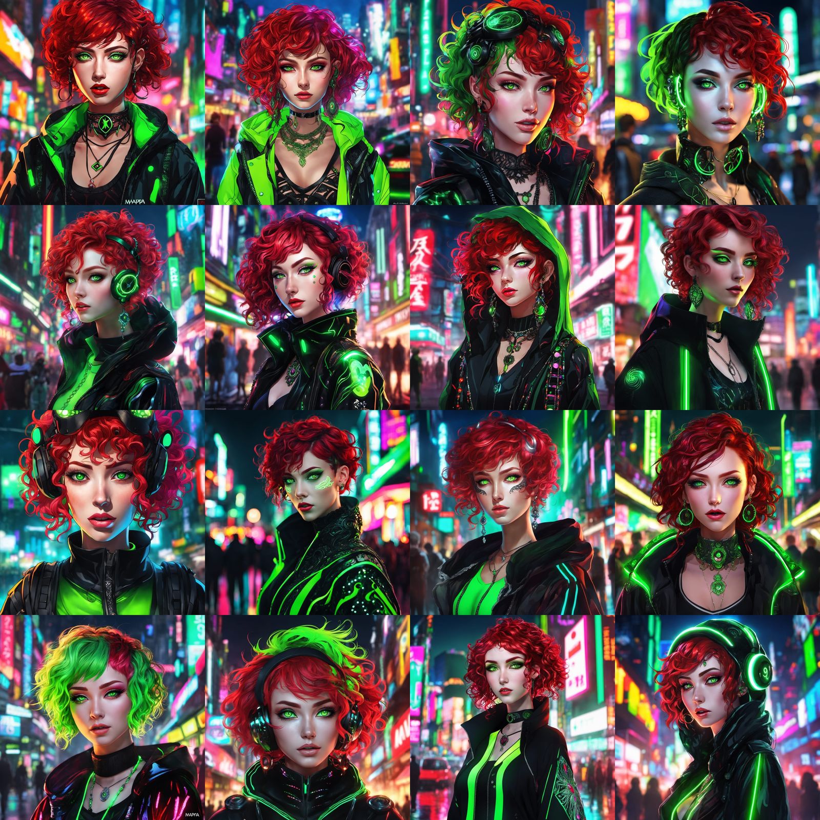 Raver Goth Woman in Neon City Street, Anime Style