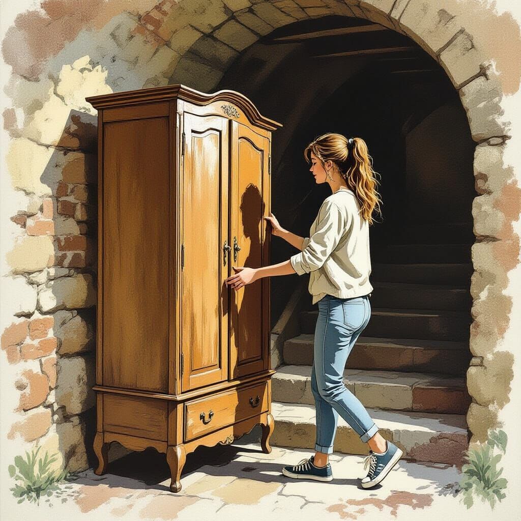 Young Woman Moves Wardrobe, Illustration Style