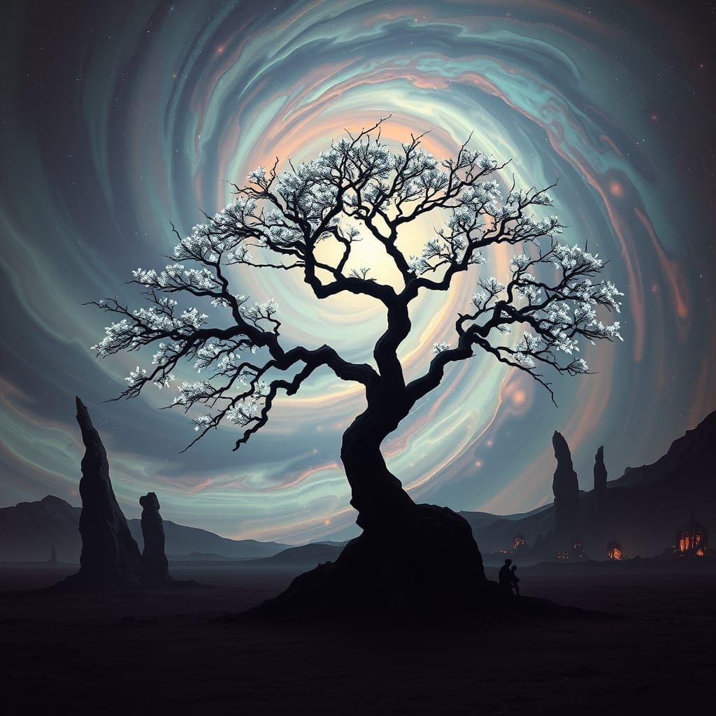 Bioluminescent Tree Silhouette Against Iridescent Nebula