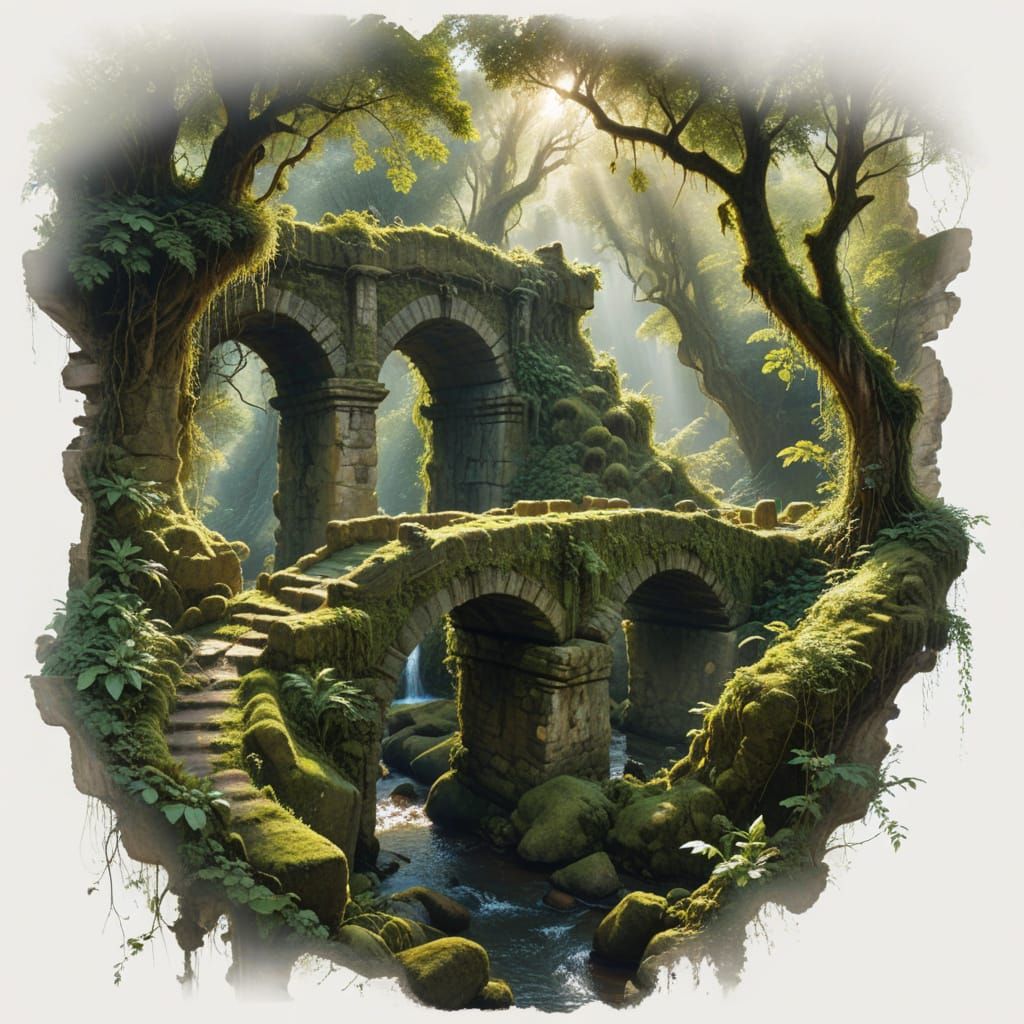 Ancient Stone Bridge Reclaimed by Nature in Textured, Weathe...