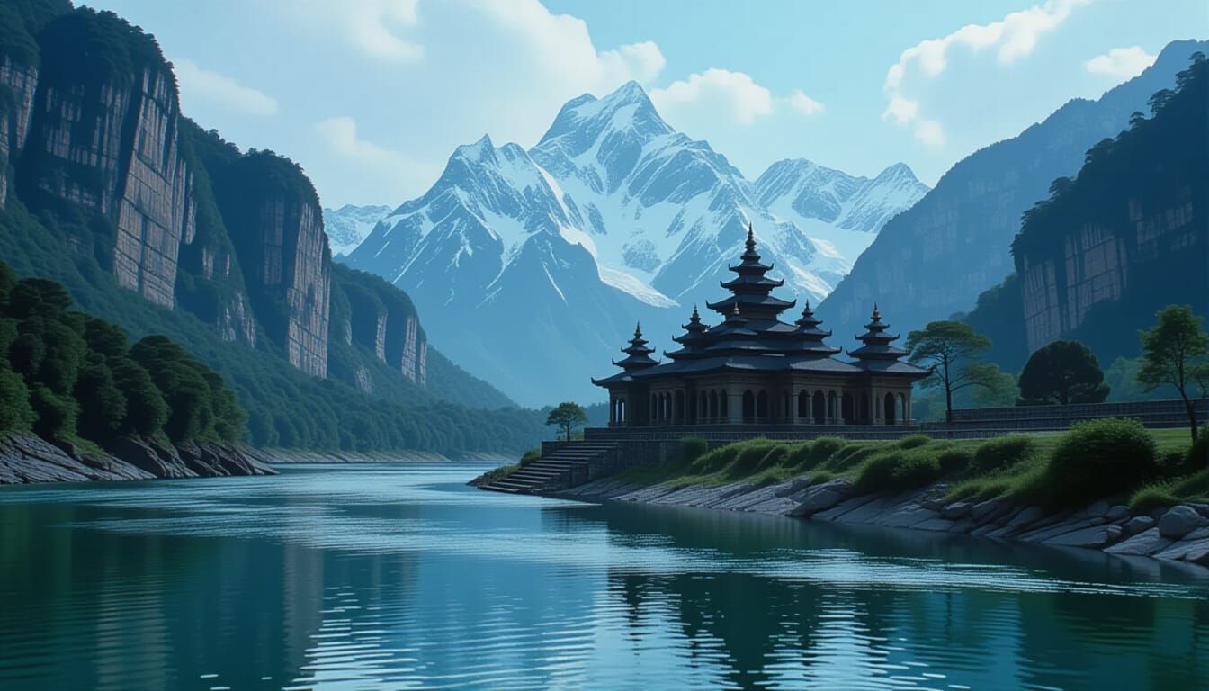Ancient Temple by River Amid Himalayan Caves
