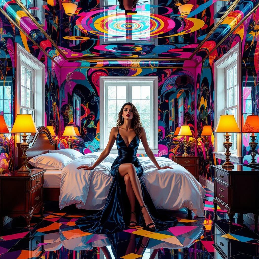 Woman Trapped in a Kaleidoscopic Hyperreal Room