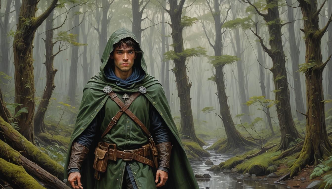 Elven Ranger in Rainy Wilderness: Oil Painting