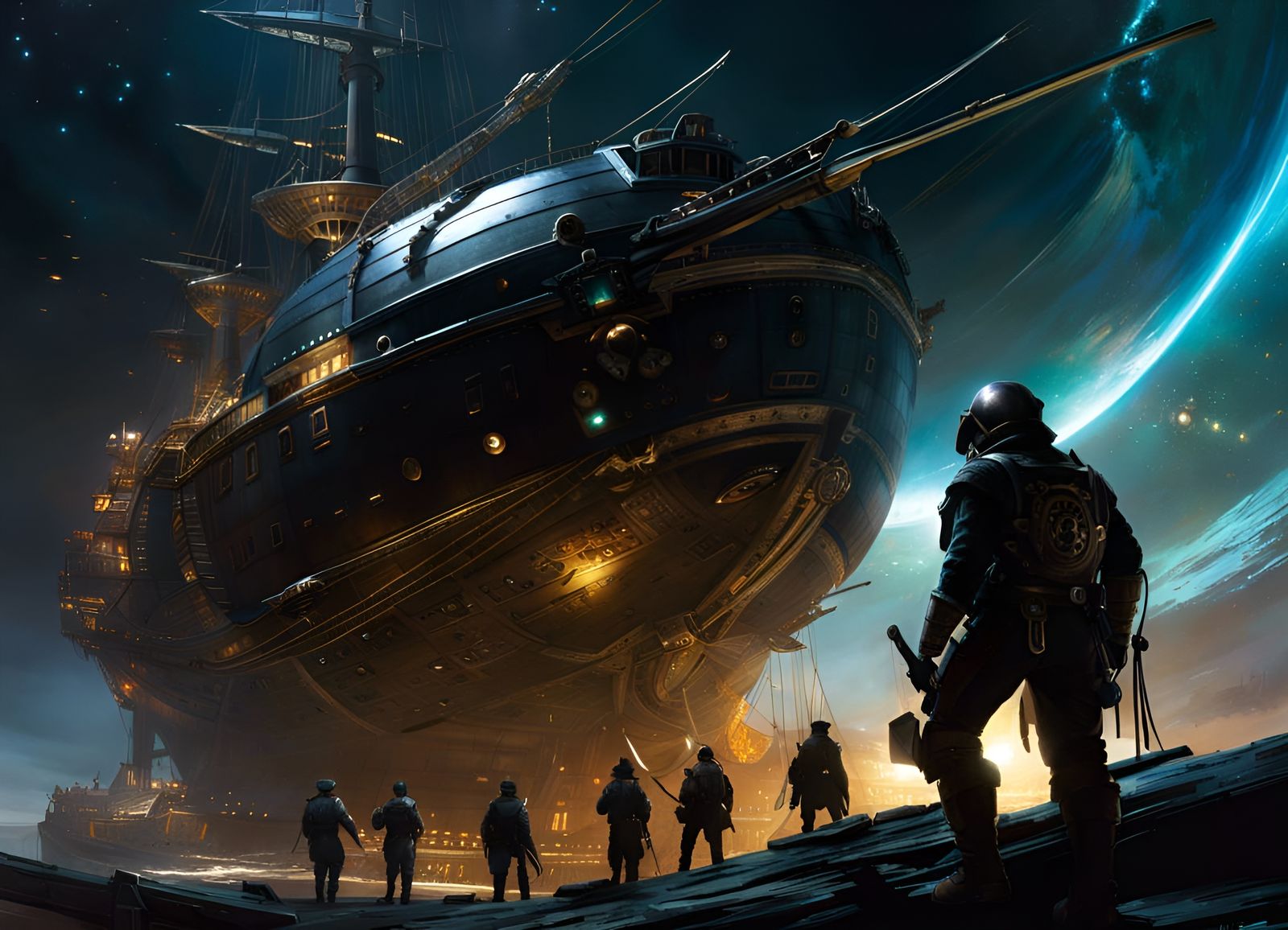 Space Pirate Crew Posing near Black Hole