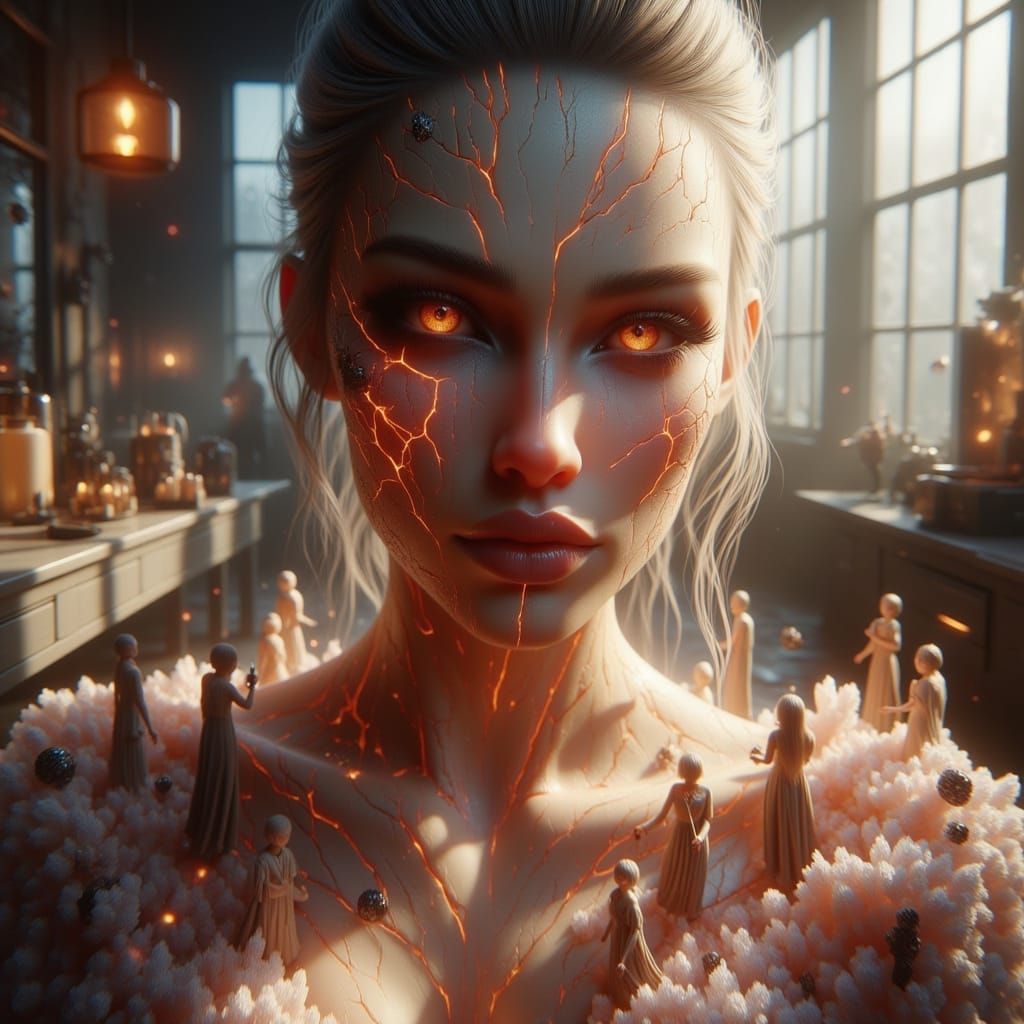 Cinematic Ultra-Wide Scene of Tiny Workers Applying Makeup t...