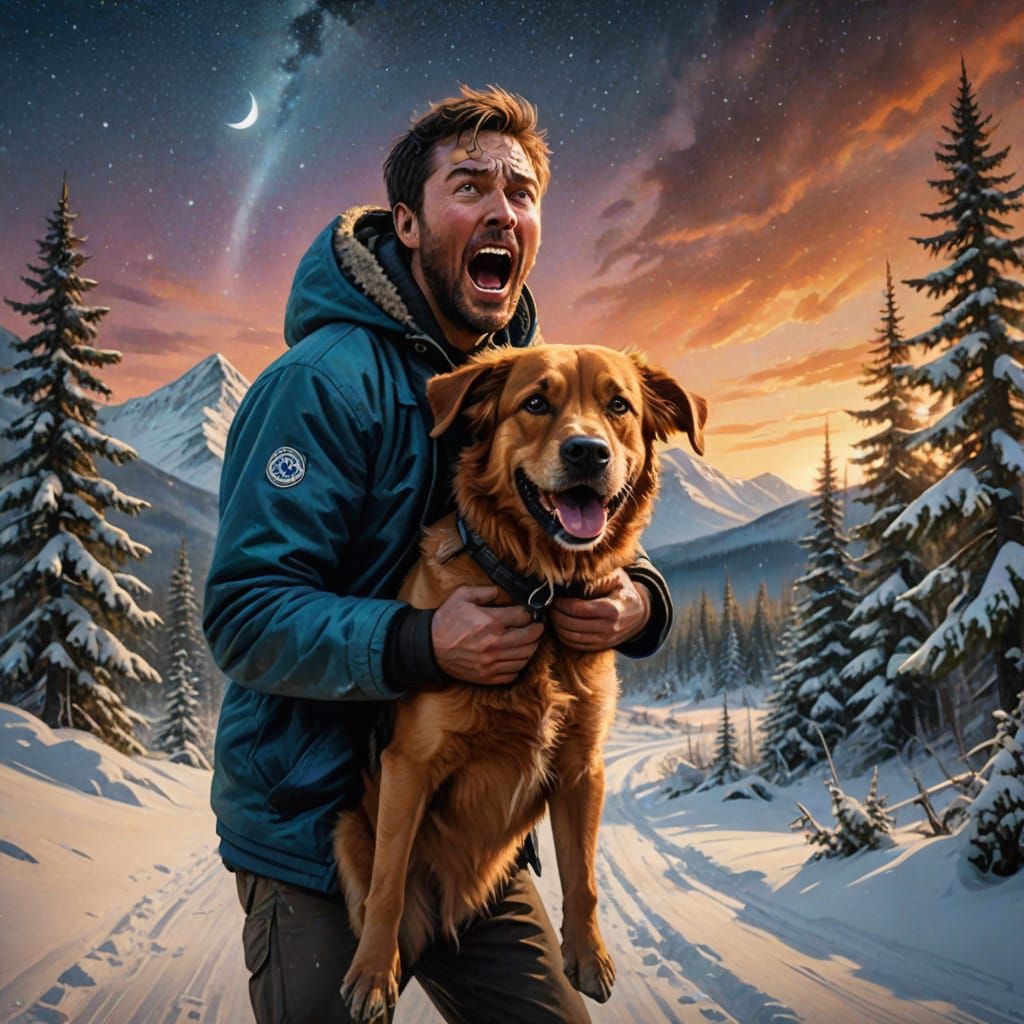 Man Holding Back Dog in Snowy Forest Under Aurora