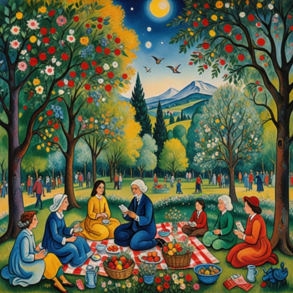 Lush Park Picnic Scene in Vibrant Colors