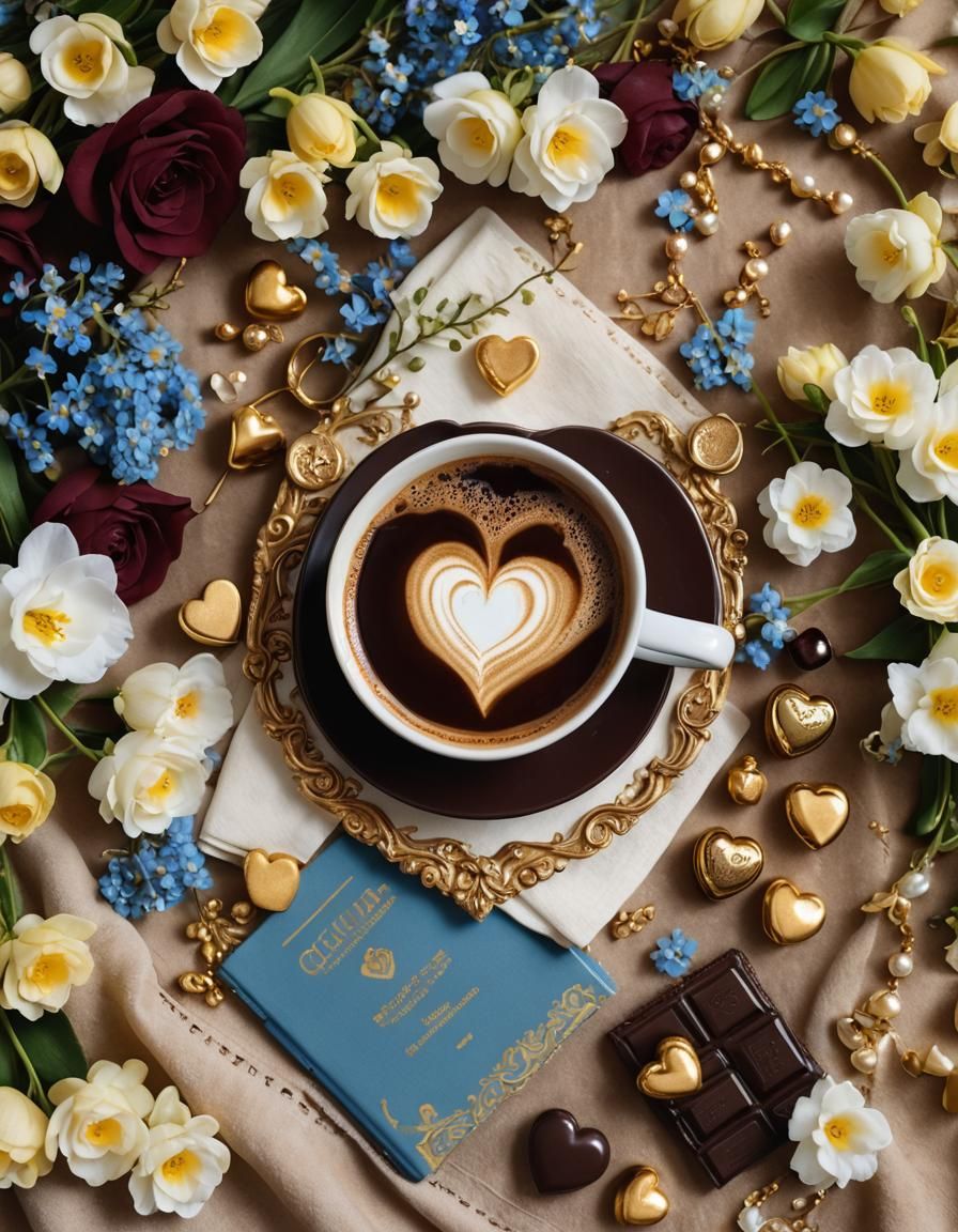 Coffee Cup Heart Surrounded by Flowers