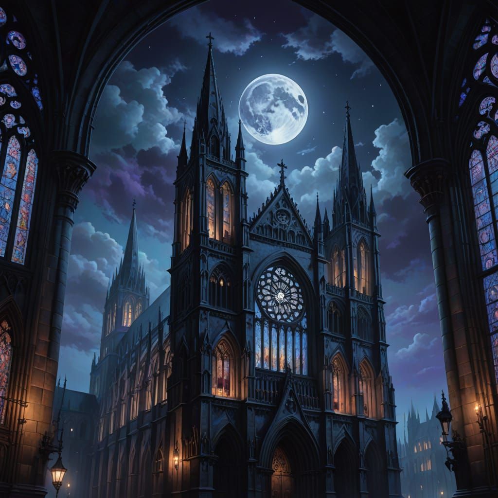 Majestic Gothic Cathedral at Night in Oil Painting Style