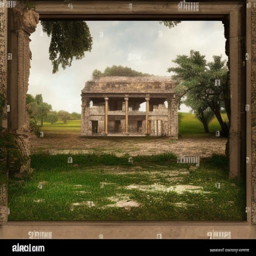 Photorealistic Antique House Ruins in Overgrown Plains