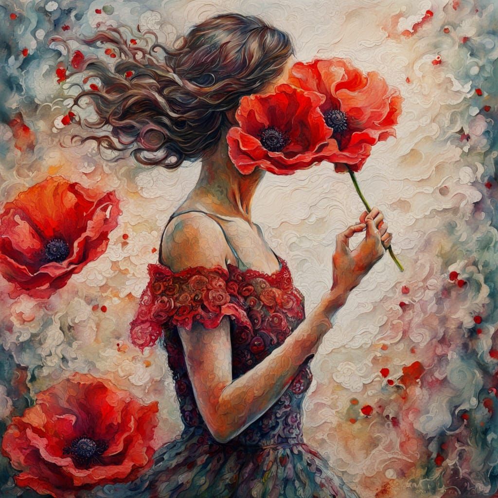 Woman Dancing with Poppy in Expressionist Style