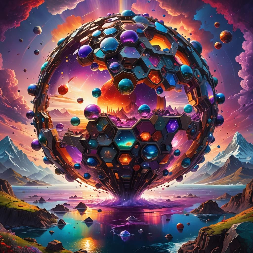 Futuristic Cityscape with Rainbow Light Sphere