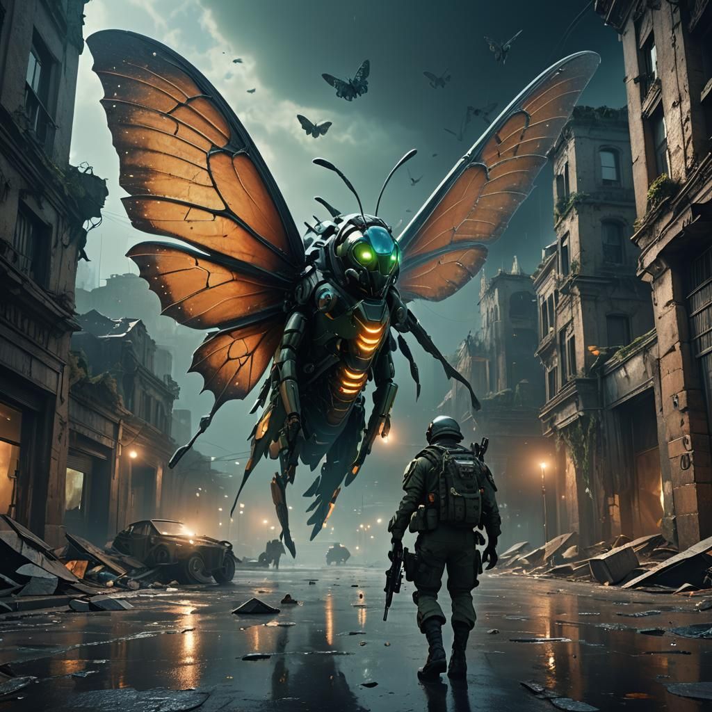 Soldier Hunting Giant Moth in Ruined City