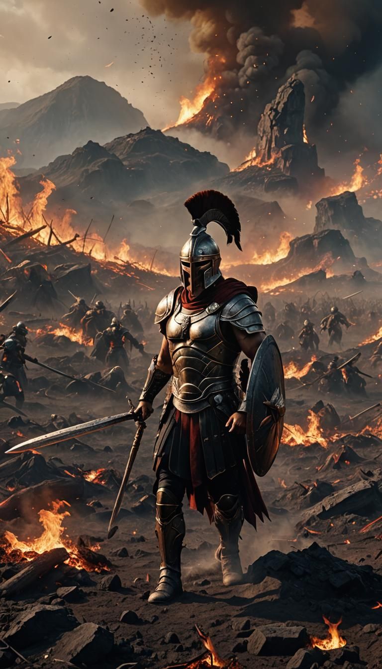 Spartan Warrior in Burning Field, Detailed Matte Painting