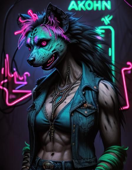 Neon Horror Hyena in Occult Bakshi Style