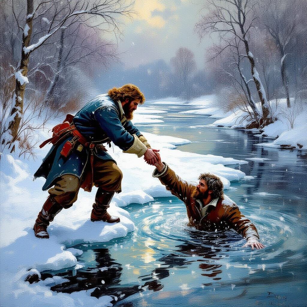 Dirk Willems Rescues Man From Frozen River Painting