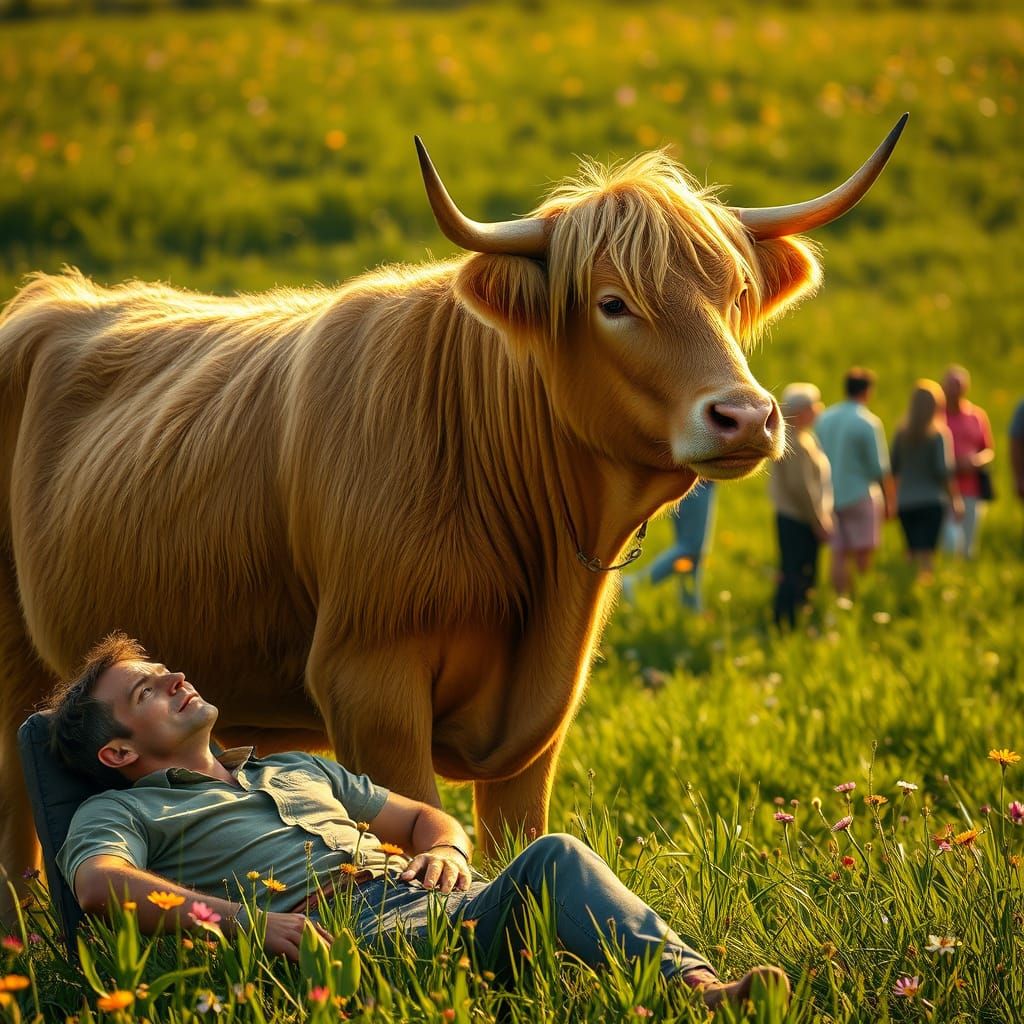 Regal Golden Cow Surrounded by People in a Lush Green Meadow