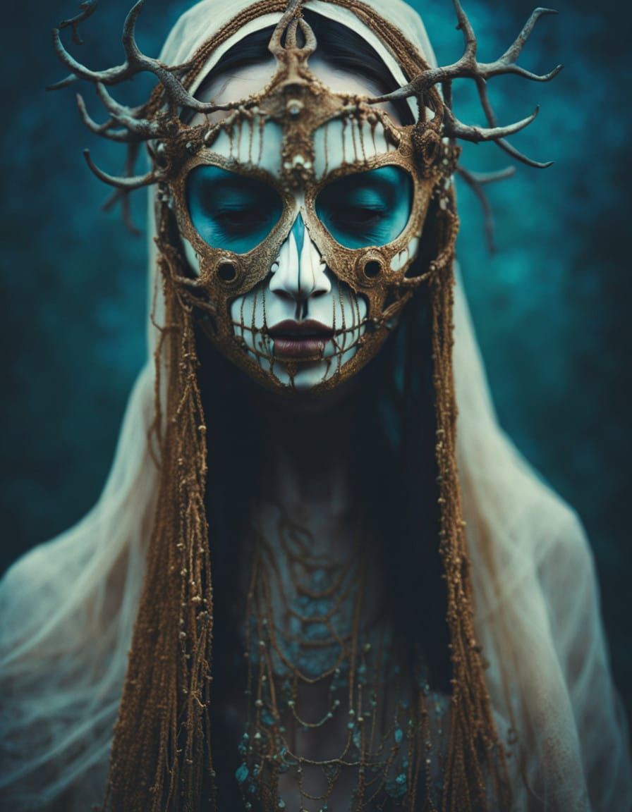 Ethereal Woman in Bone Mask, Ritual Scene in a Flickering Te...