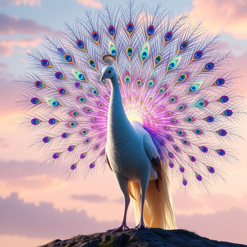 Regal White Peacock Majestically Displays Iridescent Plumage