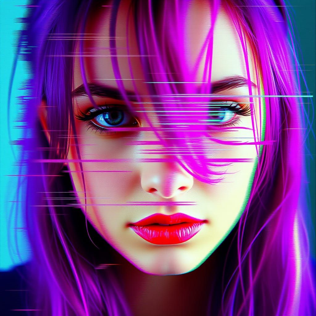 Distorted Portrait of Woman with Purple Hair