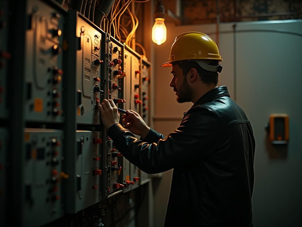 Electrical Engineer Repairs Panel in Cinematic Lighting