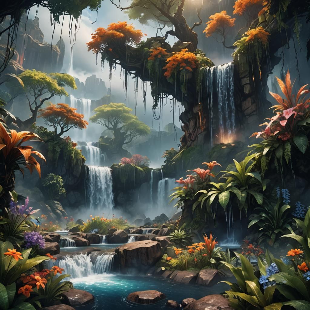 Misty Waterfall with Exotic Plants in Watercolor Style