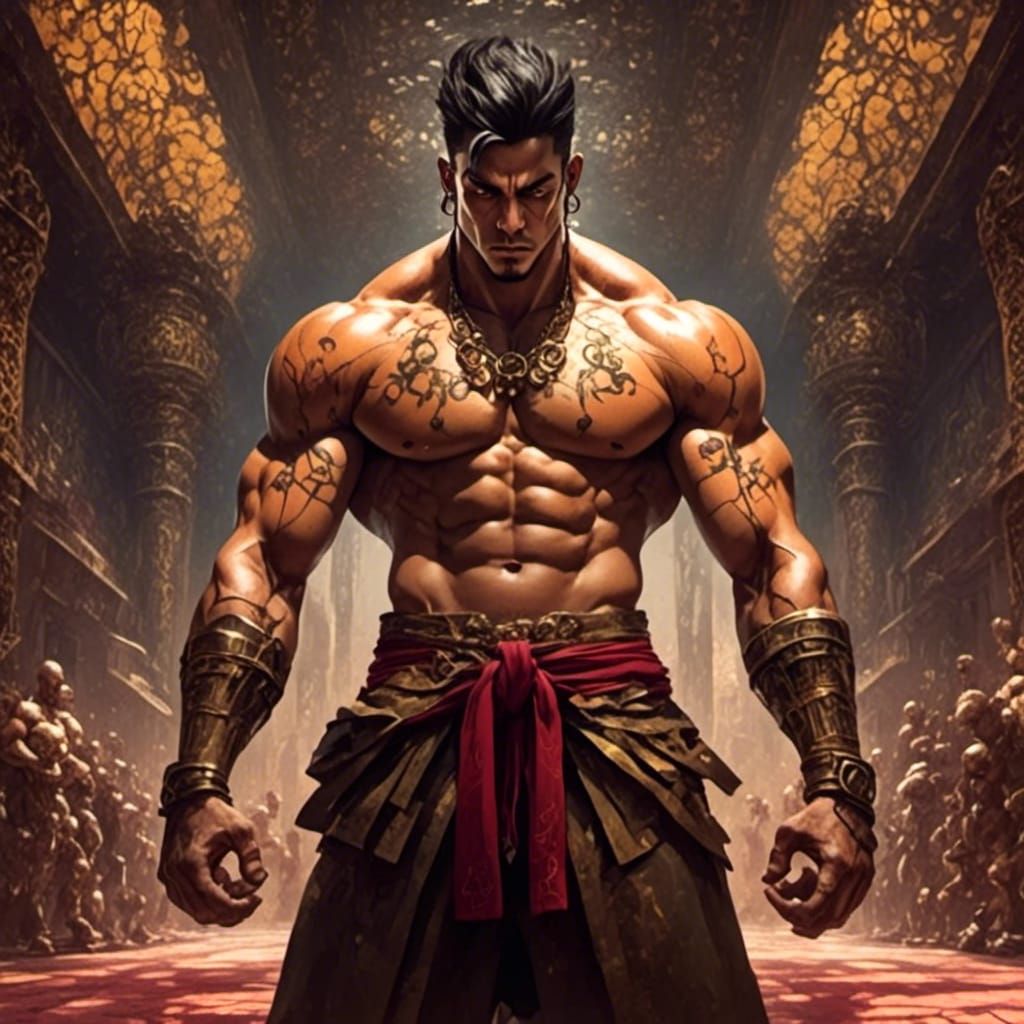 Muscular Warrior in Dojo Prayer Room with Graffiti