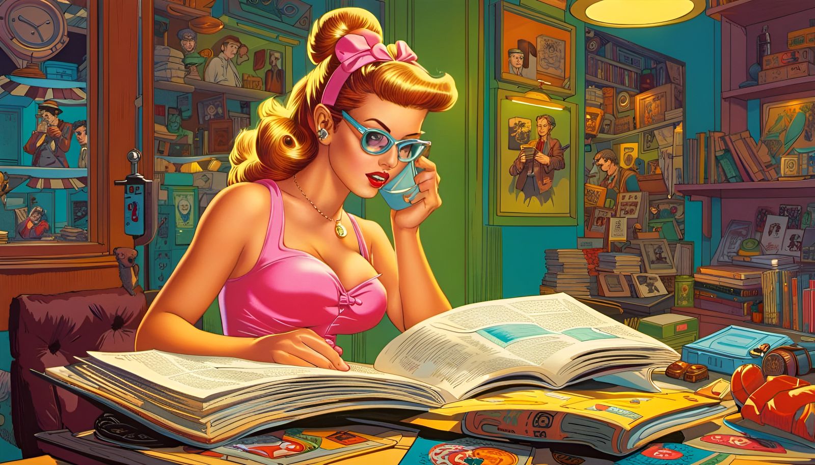 Retro Pin-Up Girl Reading Comic in Anime Style
