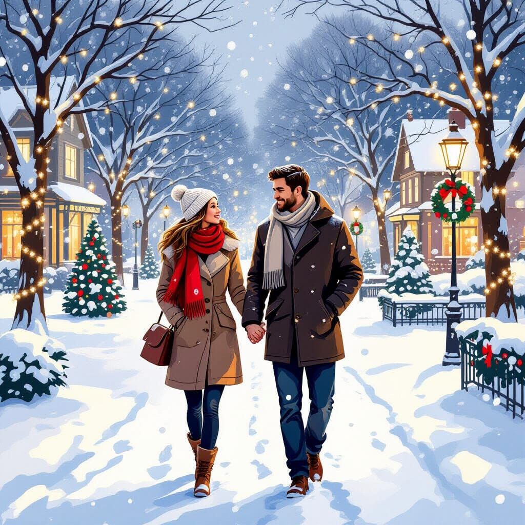 Romantic Couple Stroll in Snowy Christmas Park
